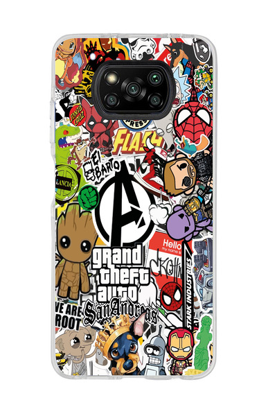 Magic Ring Poco X3 Pro / X3 NFC Uyumlu Karışık Kolaj Tasarımlı Şeffaf Telefon Kılıfı