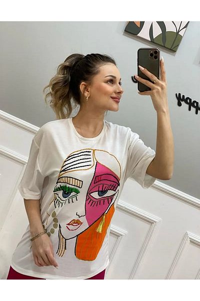 My Blog Single Jersey Stoff Mädchen besticktes Oversize Damen T-Shirt-weiß