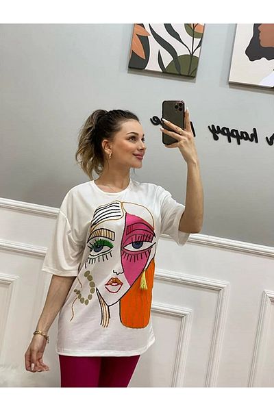 My Blog Single Jersey Stoff Mädchen besticktes Oversize Damen T-Shirt-weiß