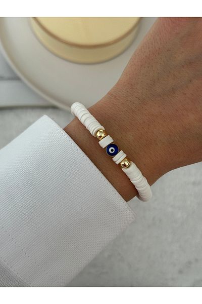 HERCY White Fimo Bracelet with Evil Eye Beads