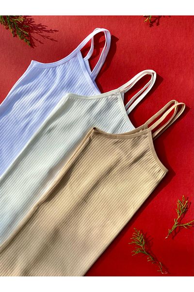 VicTroy Cotton 3-Piece Rope Strap Ecru, Tan and White Report Ribbed Women's Tank Top