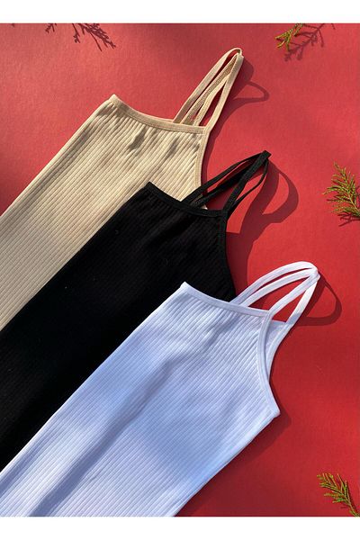 VicTroy Cotton 3-Piece Rope Strap Tan, Black and White Report Ribbed Women's Tank Top