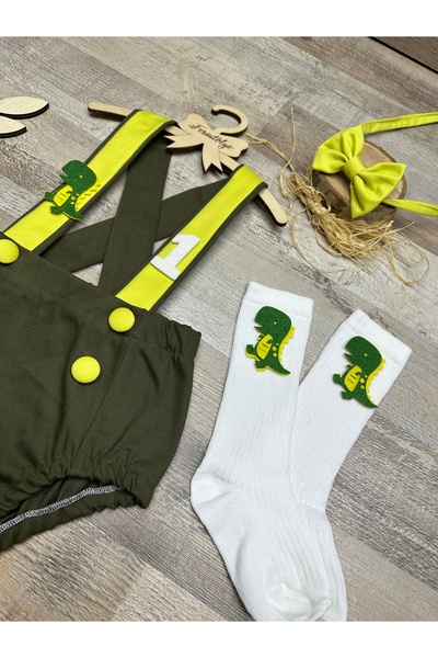Feriatolye Dinosaur Concept Khaki and Light Green Romper Salopette for Baby Boy Birthday