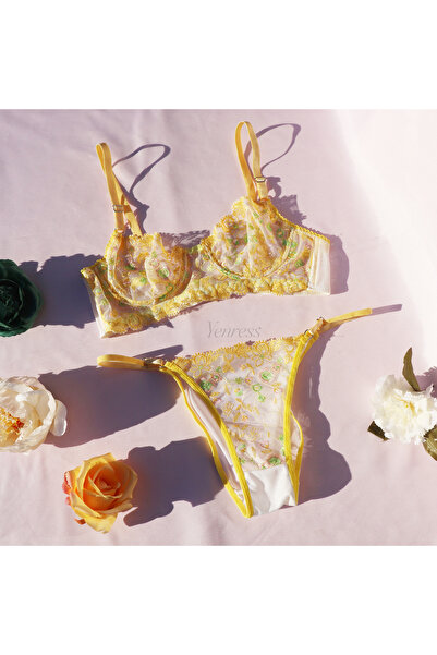 Yenress Collection Balenli Sütyen Takımı, Sarı Çiçekli Dantelli Sütyen Takımı...