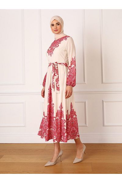 Refka Ethnic Patterned Balloon Sleeve Hijab Dress - Cherry - Refka