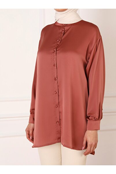 Refka Buttoned Wide Fit Satin Tunic - Caramel - Refka