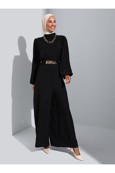 Refka Belt Detailed Evening Dress Jumpsuit - Black - Refka