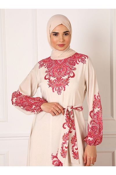 Refka Ethnic Patterned Balloon Sleeve Hijab Dress - Cherry - Refka