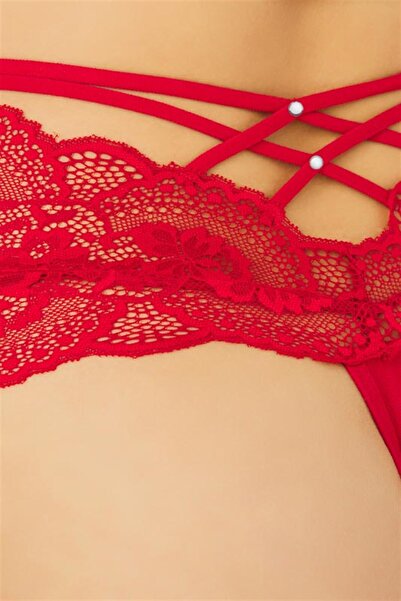 Cottonhill Kırmızı Dantelli Lastik Detaylı Yüksek Bel Kadın Tanga Külot