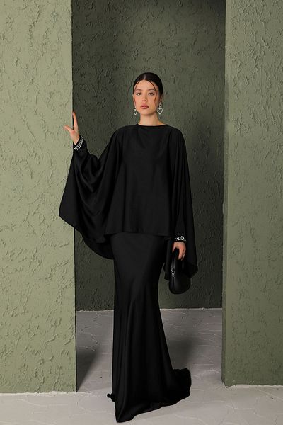 Melike Tatar BLACK Sleeve Jewelled Skirt Suit 32-2054-1