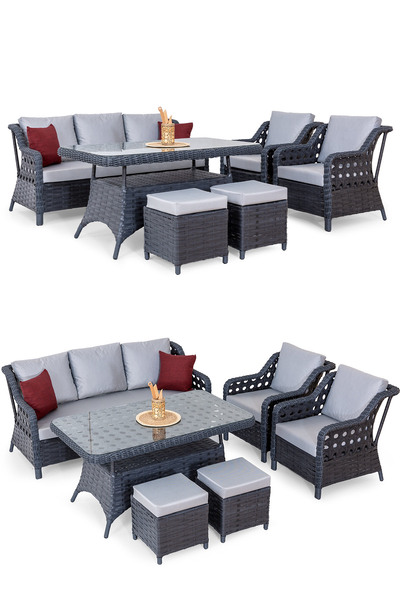 Eymense Avanos Alüminyum Bahçe Oturma Grubu Antrasit 3+1+1+Sehpa+2 Puf