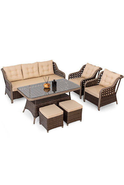 Eymense Avanos Alüminyum Bahçe Oturma Grubu Kahve 3+1+1+Sehpa+2 Puf