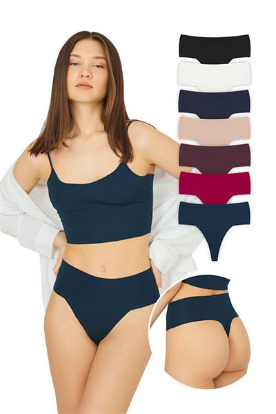 Cottonhill Tanga cu talie înaltă, flexibilă, fără marcaj, tăiată cu laser, pachet de 7 chiloți - 2