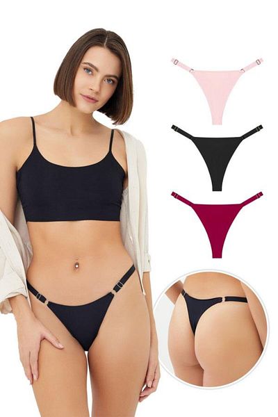 Cottonhill Ring Detailed Adjustable Elastic Women's Thong Panties 3-Pack - 2