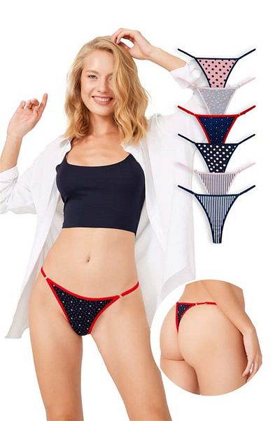 Cottonhill Patterned Basic Cotton Adjustable Waist Thong Panties 6-Pack - 3