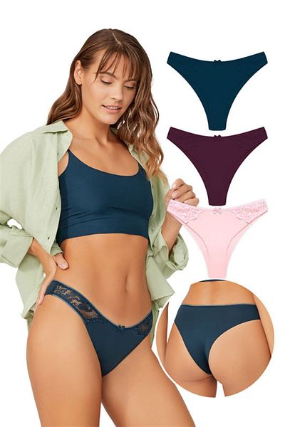 Cottonhill Basic Laser Cut Lace Detailed Brazilian 3-Pack Panties - 2