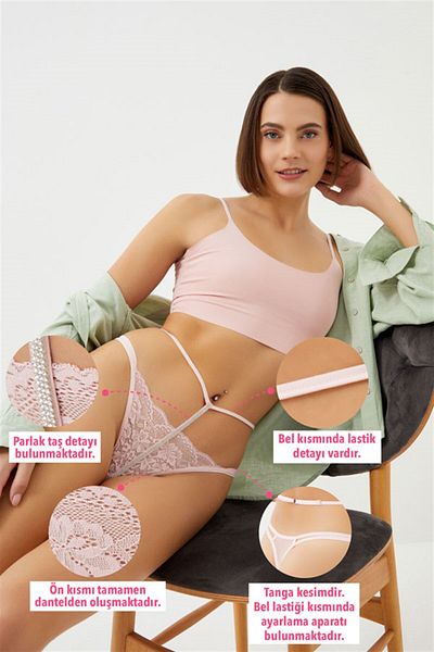 Cottonhill Powder Ruched Stone Detailed Adjustable Elastic Women's Thong Panties
