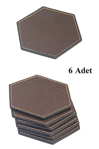Arkem Leather Coaster Hexagonal Corner Stitched Elite Product 6 Pieces Brown Color
