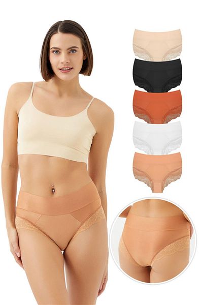 Cottonhill Chiloți bikini damă cu talie înaltă, micro satin, cu dantelă, pachet de 5