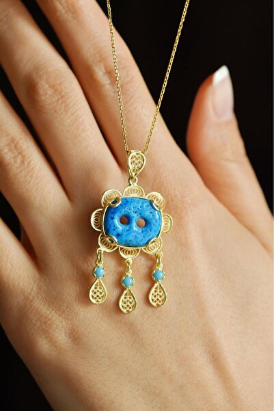 Roza Silver Firuze Taşlı Gold İki Göz Süryani Nazarlığı Telkari Gümüş Kolye