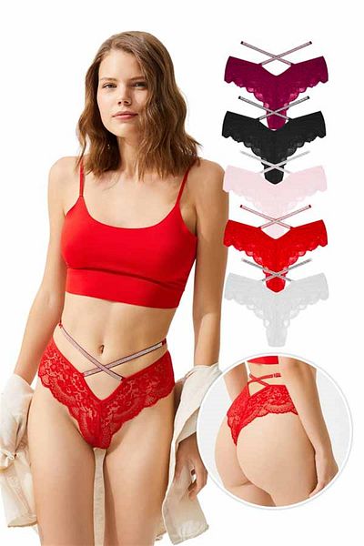 Cottonhill Lace Adjustable Elastic Stone Brazilian Panties 5-Pack