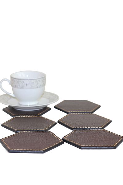 Arkem Leather Coaster Hexagonal Corner Stitched Elite Product 6 Pieces Brown Color