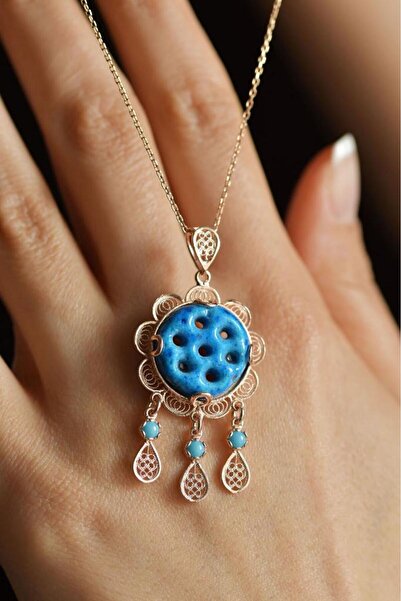 Roza Silver Firuze Taşlı Rose Yedi Göz Süryani Nazarlığı Telkari Gümüş Kolye