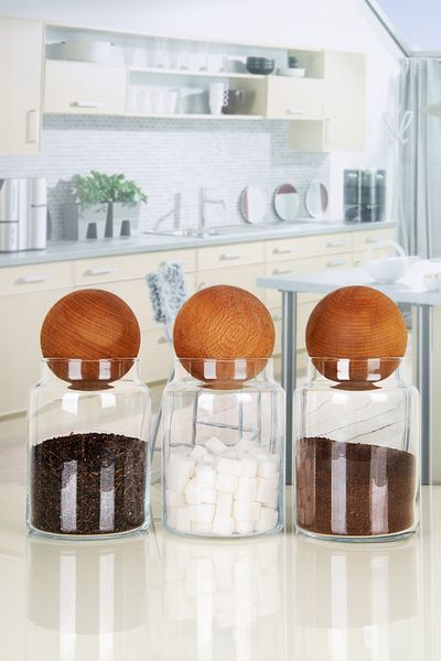 Lizzy Set of 3 1000 ml Glass Jar with Wooden Ball Lid Snack Bowl Spice Bowl Mushroom Ball Storage Container with Lid