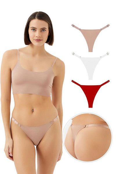 Cottonhill Ring Detailed Adjustable Elastic Women's Thong Panties 3-Pack