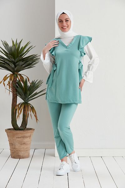 Defne Bahar Sleeve Gathered Waist Belted Double Hijab Set Turquoise