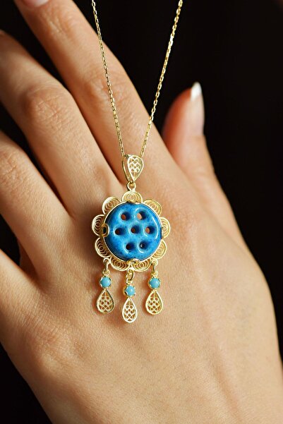 Erdobia Firuze Taşlı Gold Yedi Göz Süryani Nazarlığı Telkari Gümüş Kolye