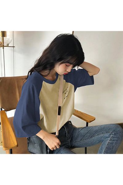EVIus Unisex Διπλό Χρώμα Raglan Μανίκι Λεπτομερές εμπριμέ μπλουζάκι Boyfriend με λαιμόκοψη από βαμβακερό oversize