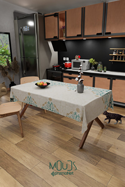 Moud's مفرش طاولة رمضاني منقوش باللون الأخضر المائي من قماش الجلد المدبوغ مرب...