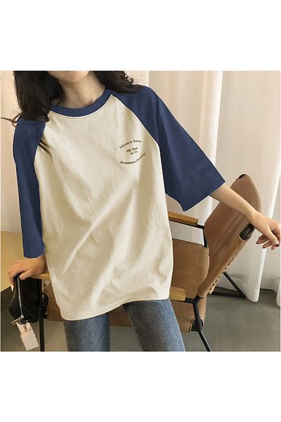 EVIus Unisex Διπλό Χρώμα Raglan Μανίκι Λεπτομερές εμπριμέ μπλουζάκι Boyfriend με λαιμόκοψη από βαμβακερό oversize