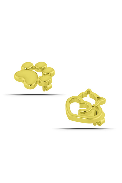 TEK TARZIM TAKI Kedi Pati Kombin 925 Ayar Gümüş Çocuk Küpesi Çivili Altın Renk