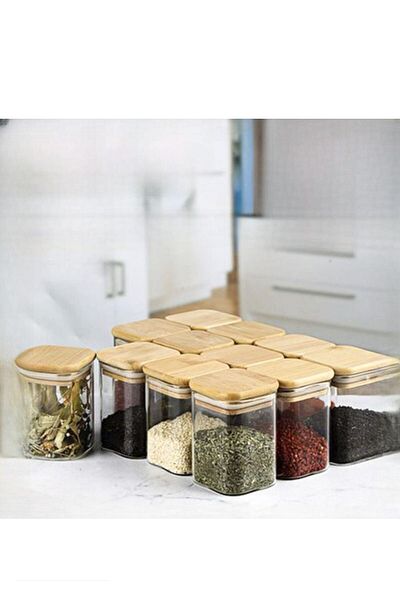 MadaMelya 12 Pieces Bamboo Lid Square Thermal Spice Jar 6x8cm 12 Pieces Vacuumed Lid
