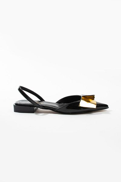 volarescarpe Women's Black Patent Leather Pointed Toe Gold Detailed Ballet Flats Angela