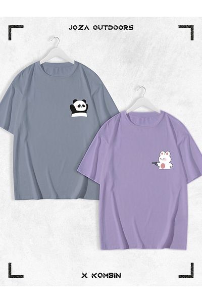 Joza Outdoors Bear Panda Printed Lover Oversize Tshirt - Unisex Σετ 2 τεμαχίων