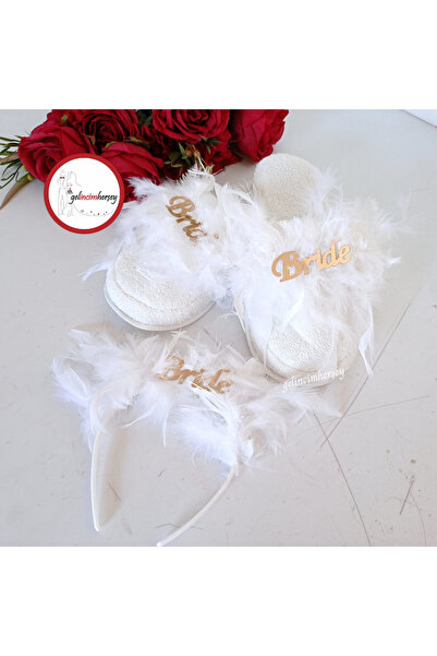 Gelincimherşey Tüylü Bride yazılı Terlik Taç set
