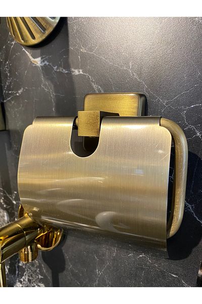 İSAOĞLU YAPI Antique Gold Toilet Paper Holder with Cover Toilet Paper Holder Premium Brass