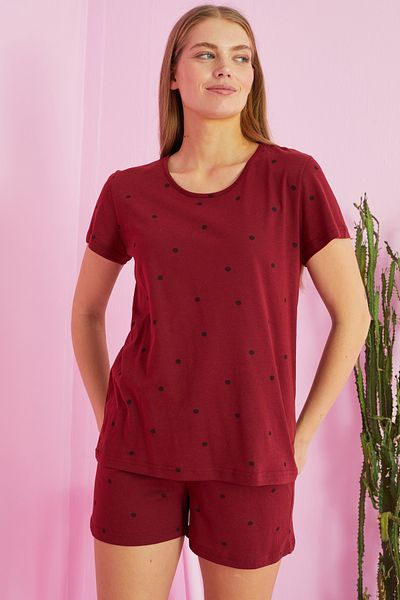 Siyah İnci Set pantaloni scurți-pijamale din bumbac cu model burgundy