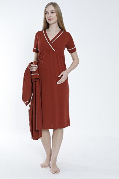 Miss Dünya Lissa Stripe Detailed Maternity and Maternity Nightgown Set