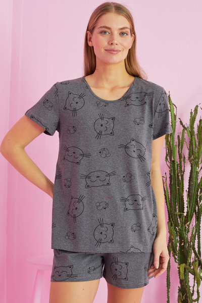 Siyah İnci Anthrazitfarbenes Baumwoll-Shorts-Pyjama-Set mit Katzenmuster