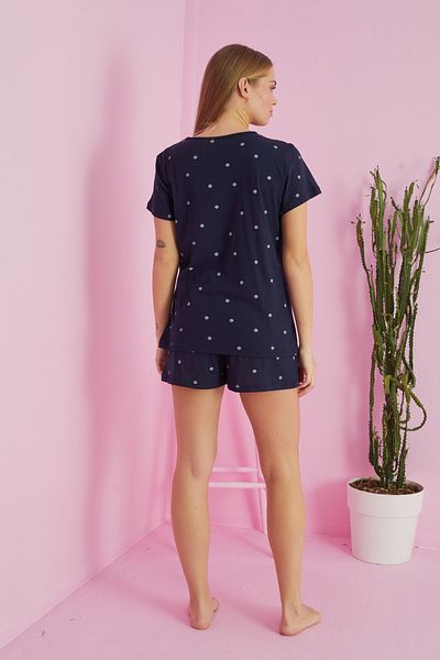Siyah İnci Navy blue point patterned Cotton Shorts-Pajamas Set