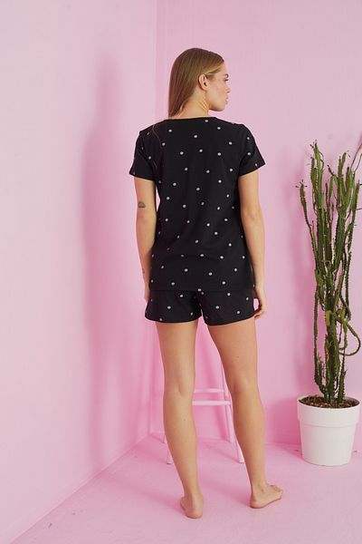 Siyah İnci black point patterned Cotton Shorts-Pajamas Set