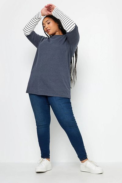 Stil Diva Large Size Crew Neck Double Layer Sleeves Striped T-shirt302777