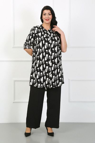 By Alba Collection Women's Black Patterned Cotton Viscose Large Size Tunic