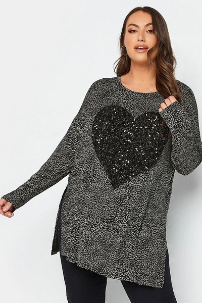 Stil Diva Plus Size Slit Detailed Polka Dot Sequined Long Sleeve Crew Neck Blouse302497