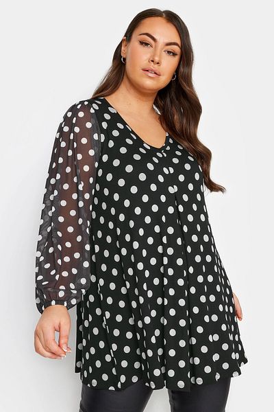 Stil Diva Plus Size Long Sleeve Tulle Detailed Pleated V-Neck Blouse302825