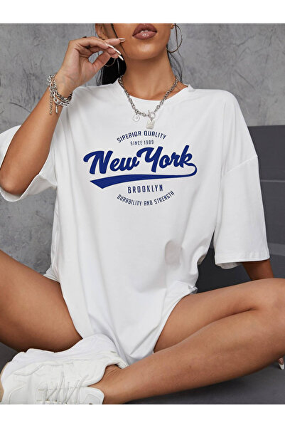 offsidesign Unisex Oversize Λευκό T-Shirt New York Navy Blue Design Μπλουζάκι...